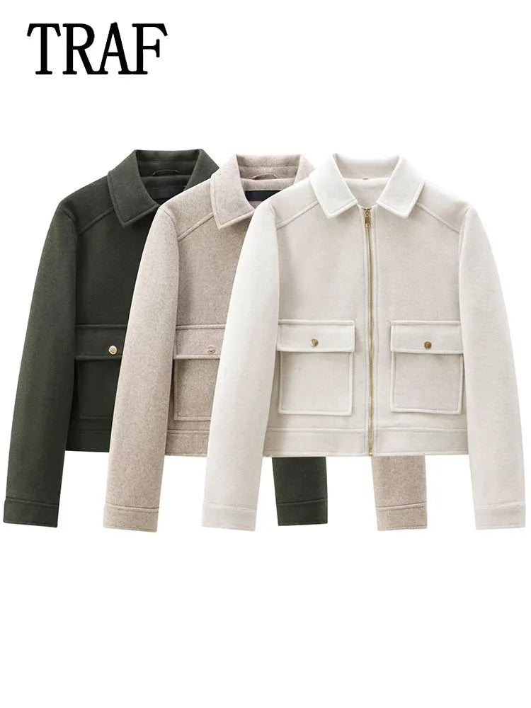 Women's Winter Zipper Jacket - Elegant Short Street Coat with Pockets