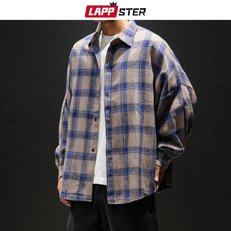 Oversized Vintage Plaid Shirt Men – Thick Long-Sleeve Streetwear Blouse
