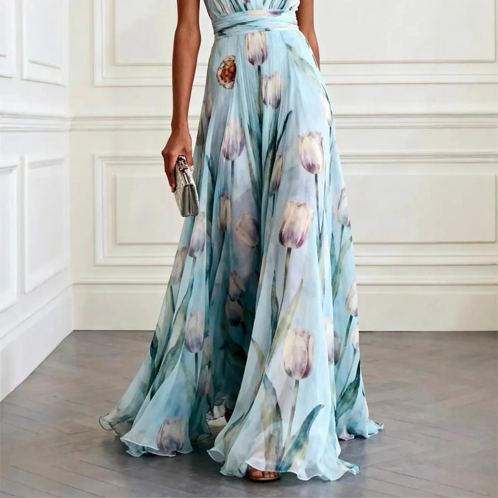 Josephina | Tulip Print V-Neck Maxi Wedding Guest Dress
