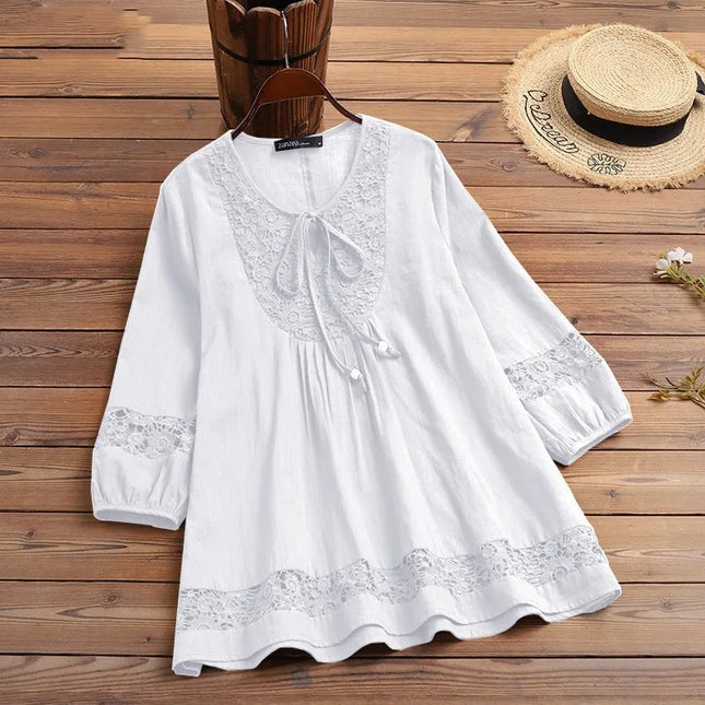 Cotton-Linen Lace Summer Blouse – ¾ Sleeve Casual Top