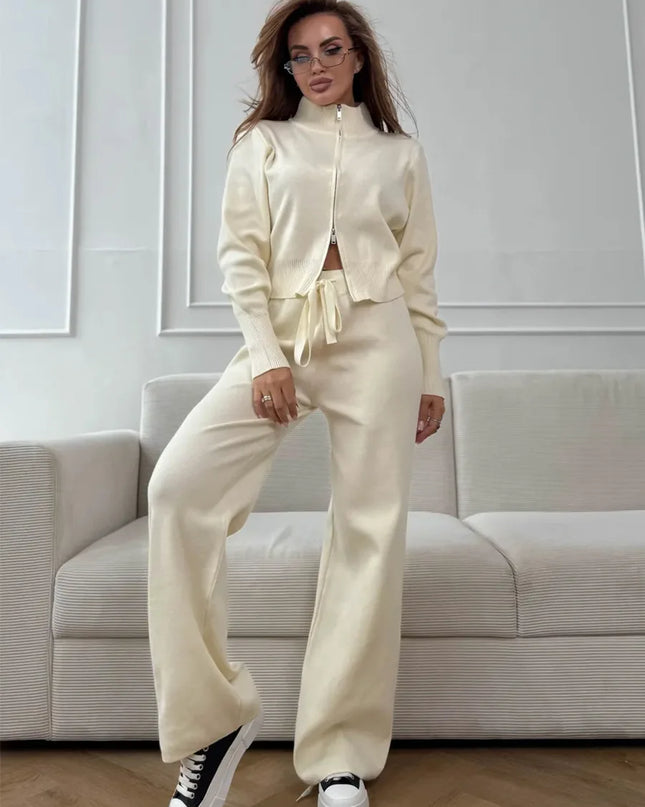 Knit Zip-Up Cardigan & Wide-Leg Pants Set