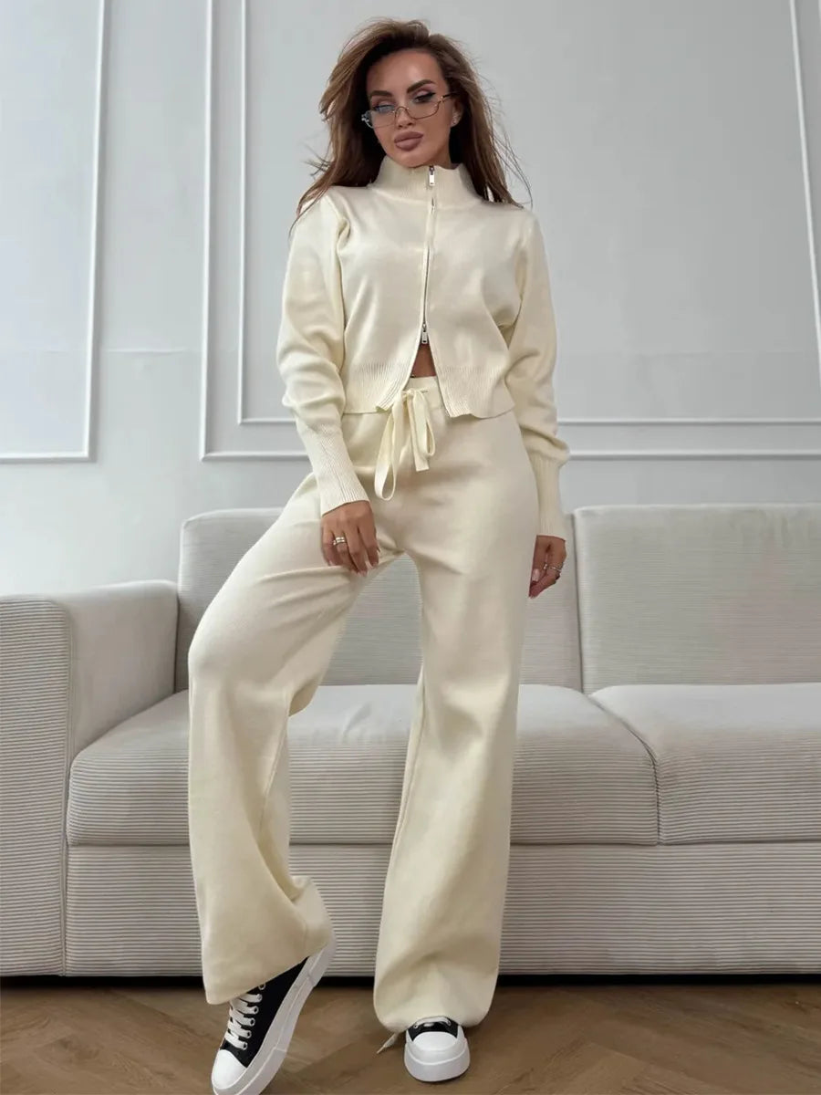 Women’s Knit Two Piece Set Zip Up Cardigan Wide Leg Pants Outfit-HighTouch