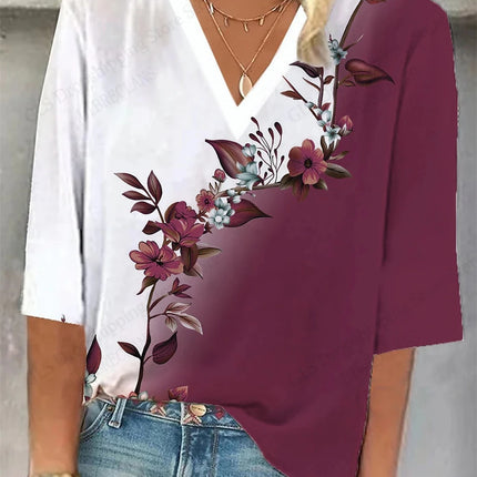 Vintage 3D Floral Oversized V‑Neck Tee – Breezy Summer Style