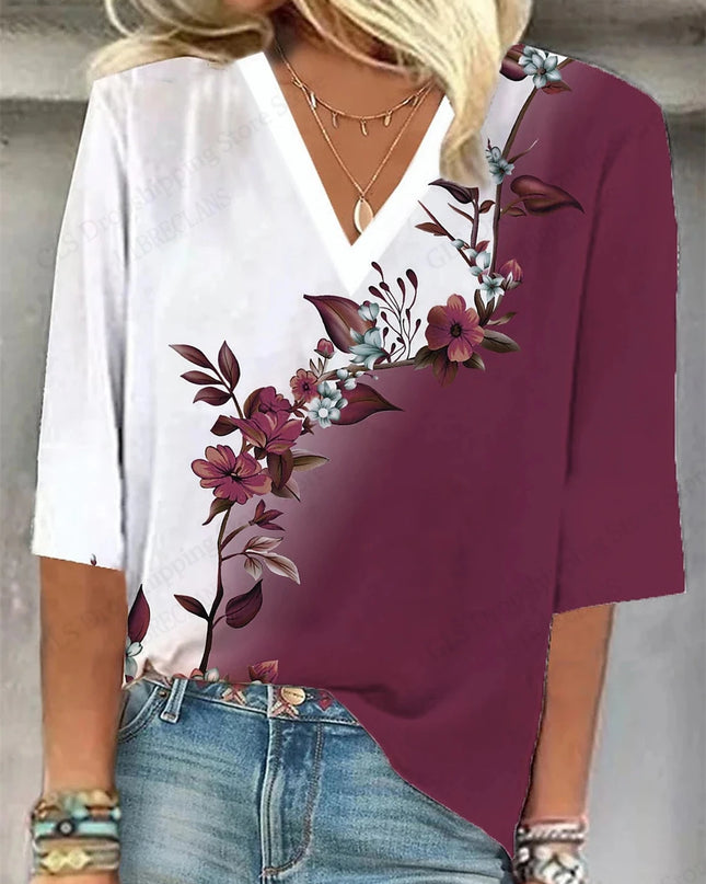 Vintage 3D Floral Oversized V‑Neck Tee – Breezy Summer Style