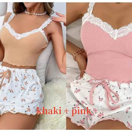 Women’s Pink Lace Patchwork Camisole & Shorts Pajama Set – Sexy Lounge Sleepwear