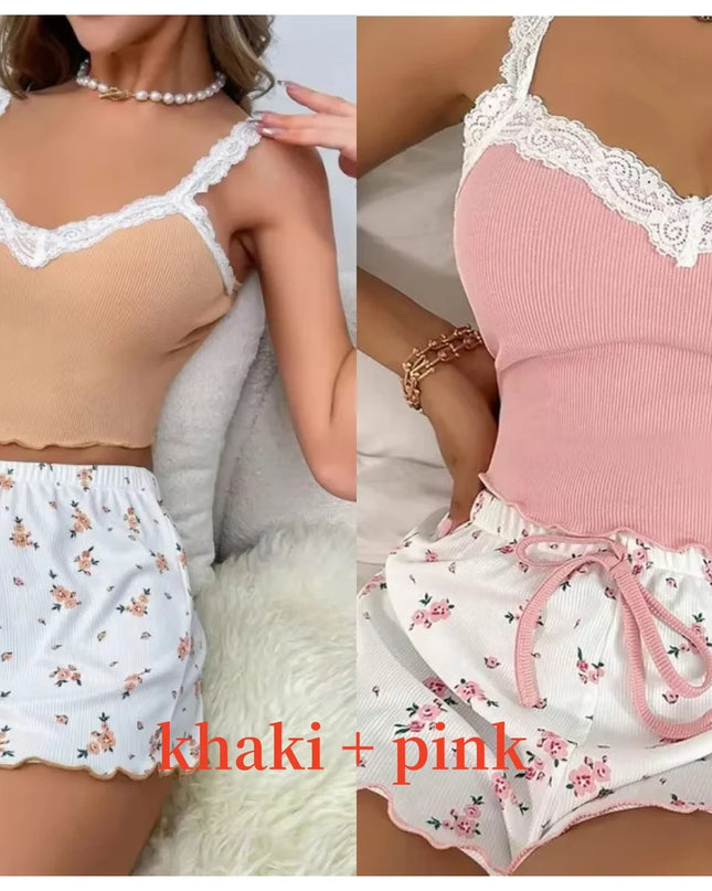 Women’s Pink Lace Patchwork Camisole & Shorts Pajama Set – Sexy Lounge Sleepwear