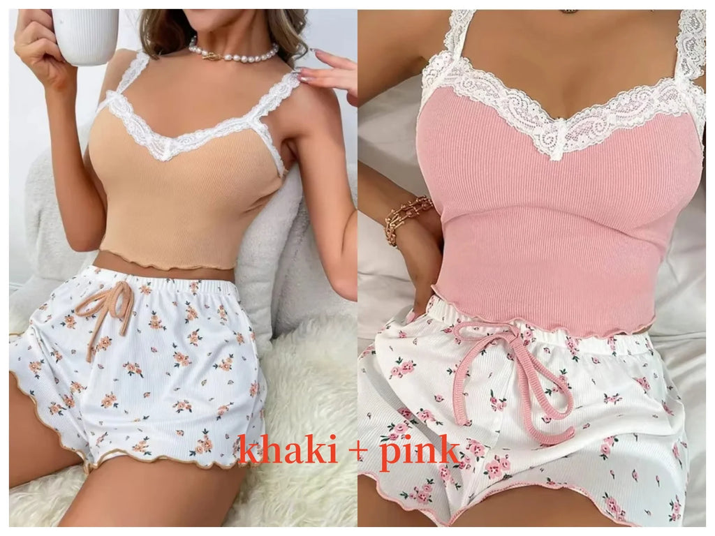 Women’s Pink Lace Patchwork Camisole & Shorts Pajama Set – Sexy Lounge Sleepwear-HighTouch