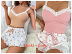 Women’s Pink Lace Patchwork Camisole & Shorts Pajama Set – Sexy Lounge Sleepwear-HighTouch