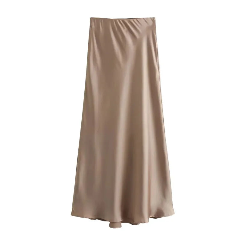 Women’s Satin High Waist Midi Skirt – Elegant Summer Office Skirt