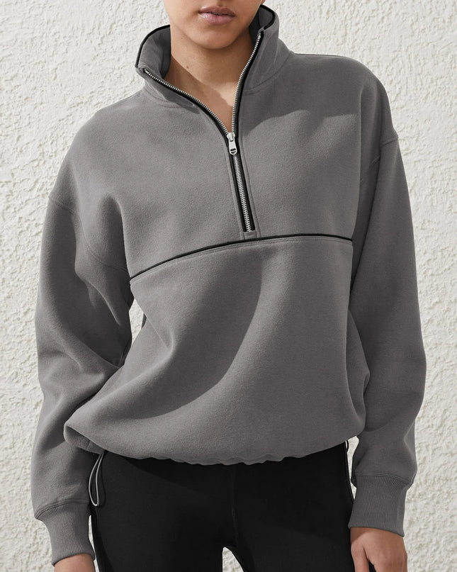 Colour-Block Half-Zip Pullover Sweatshirt – Loose Streetwear Long Sleeve