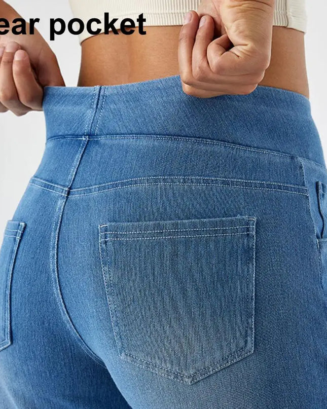 High-Waist Full-Length Solid Colour Jeans – Straight-Wide Leg with Elastic Waist & Pockets