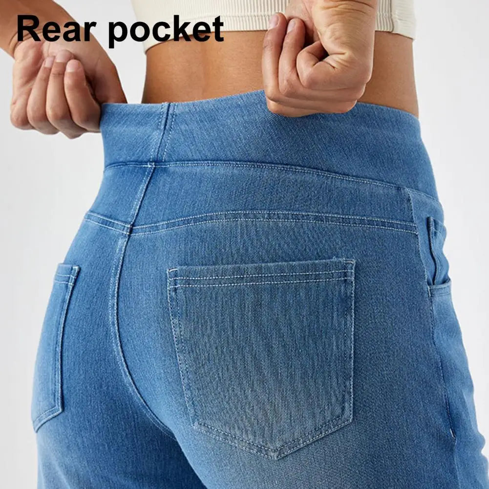 High-Waist Full-Length Solid Colour Jeans – Straight-Wide Leg with Elastic Waist & Pockets-HighTouch