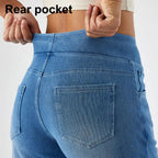 High-Waist Full-Length Solid Colour Jeans – Straight-Wide Leg with Elastic Waist & Pockets-HighTouch