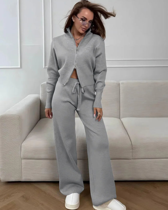 Knit Zip-Up Cardigan & Wide-Leg Pants Set