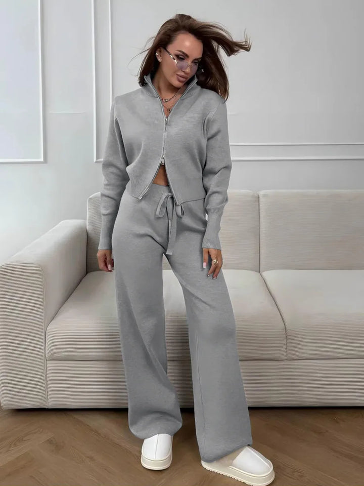 Women’s Knit Two Piece Set Zip Up Cardigan Wide Leg Pants Outfit-HighTouch