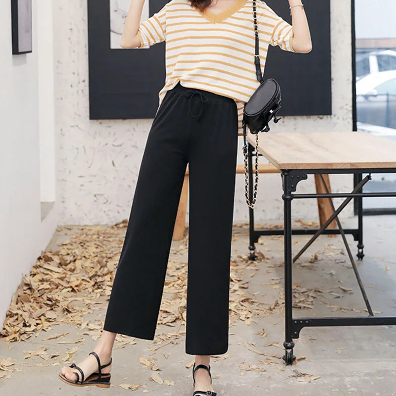 Summer Ice‑Silk Ankle‑Length Wide‑Leg Pants – Lightweight & Relaxed Fit-HighTouch