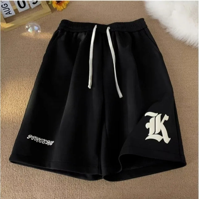 Oversized Samurai-Style Shorts – Gothic Alphabet Print Baggy Streetwear