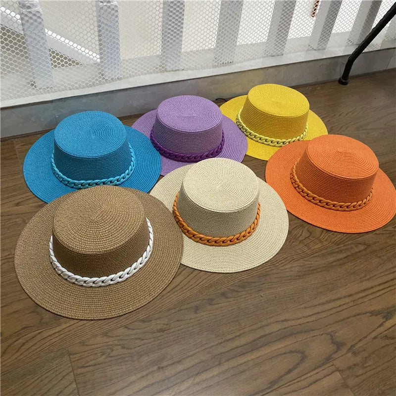 Adjustable Flat‑Top Yellow Straw Fedora