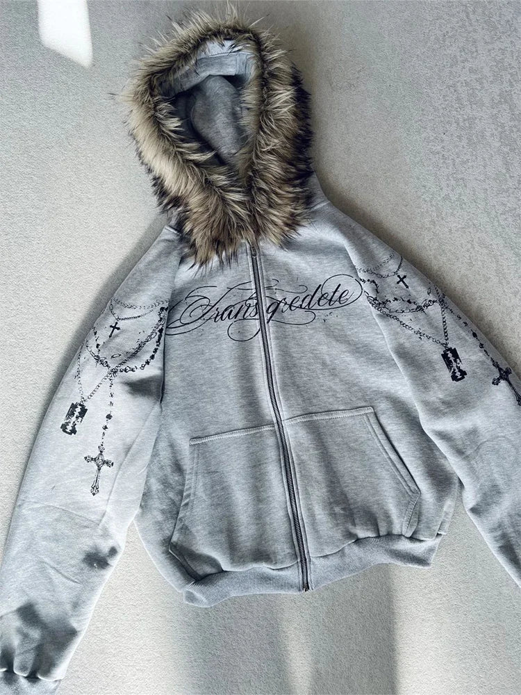 Winter Fashion Streetwear Women's Gothic Punk Faux Fur Hooded Jacket With Cross Print Trendy Edgy Zip - Up Sweatshirt