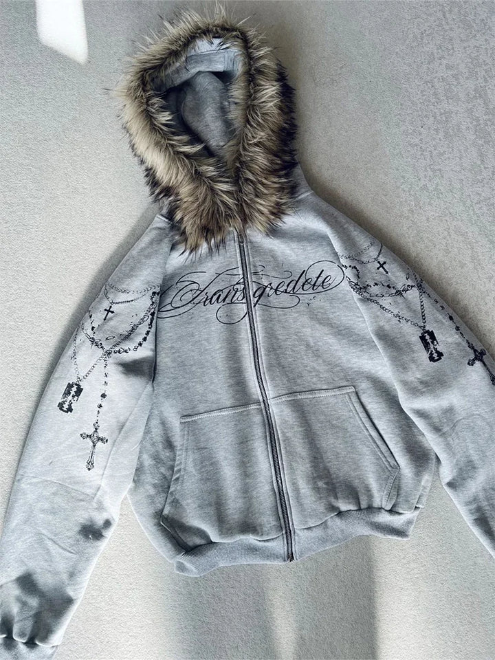 Winter Fashion Streetwear Women's Gothic Punk Faux Fur Hooded Jacket With Cross Print Trendy Edgy Zip - Up Sweatshirt
