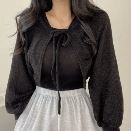 Breathable Lace‑Up Lantern Sleeve Cardigan – Summer Sunscreen Shawl