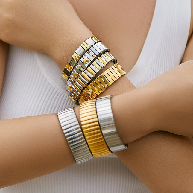 Gold Colour Titanium Steel Heart Elastic Bracelet