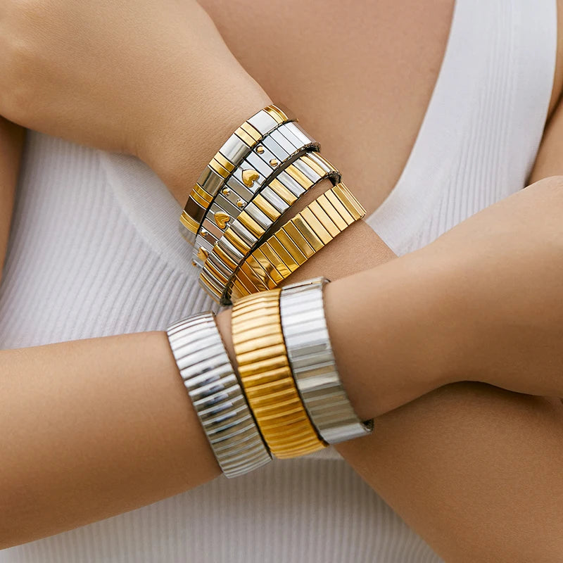 Gold Colour Titanium Steel Heart Elastic Bracelet-HighTouch