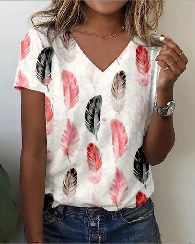 Vintage Floral 3D Print V‑Neck Tee – Oversized Harajuku Style