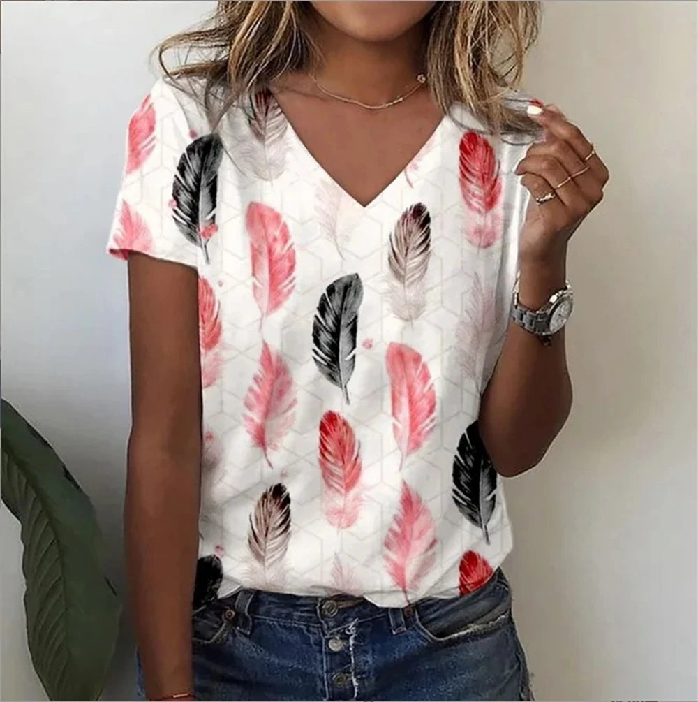 Vintage Floral 3D Print V‑Neck Tee – Oversized Harajuku Style