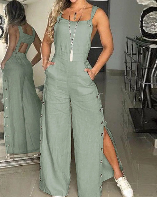 Women's Cotton Linen Strappy Playsuit – Wide Leg Summer Jumpsuit