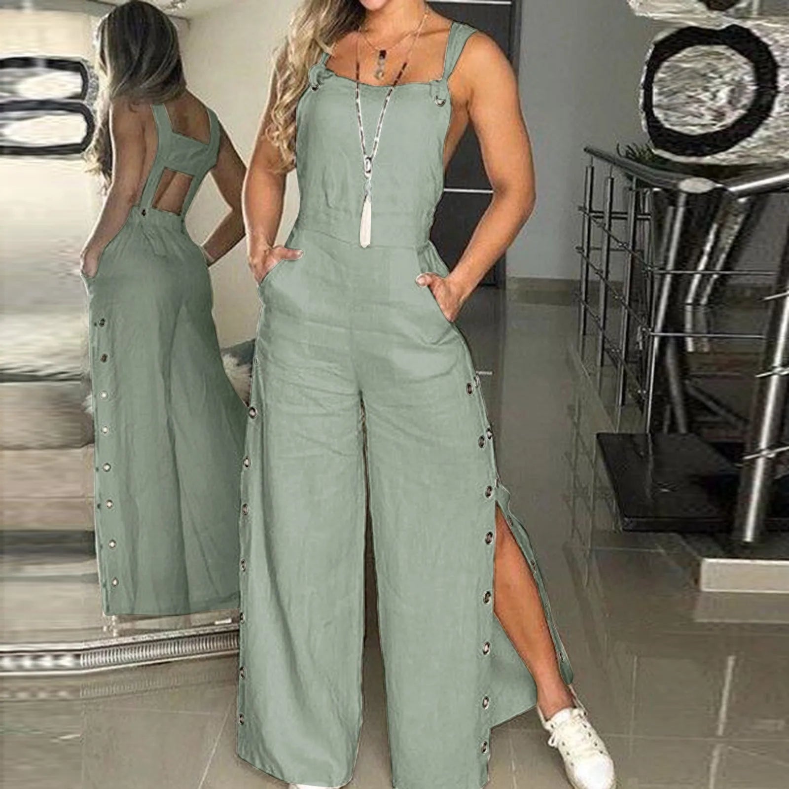 Women's Cotton Linen Strappy Playsuit – Wide Leg Summer Jumpsuit