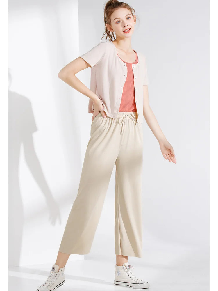 Summer Ice‑Silk Ankle‑Length Wide‑Leg Pants – Lightweight & Relaxed Fit-HighTouch