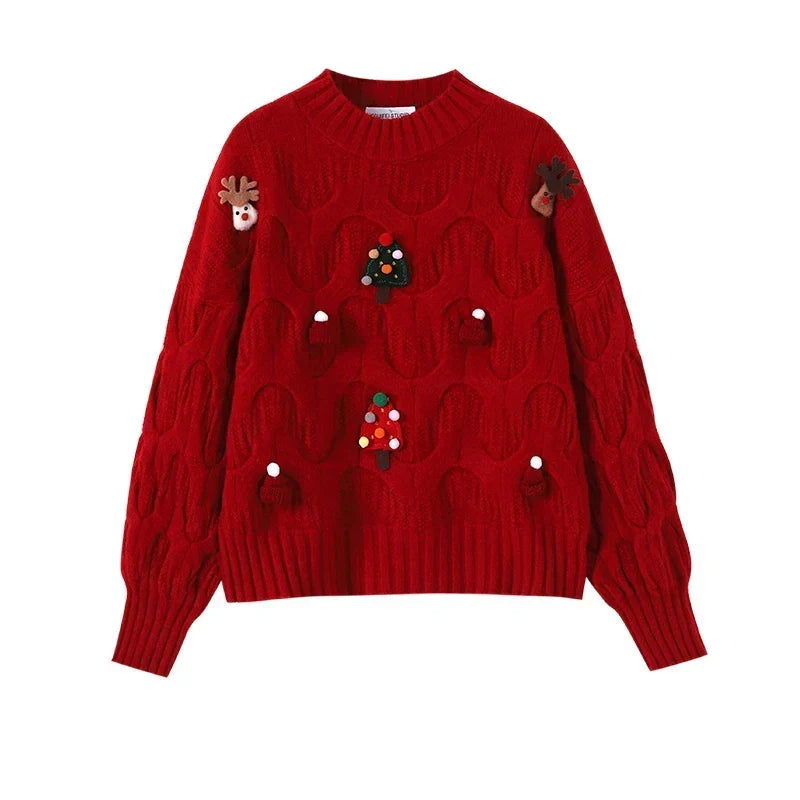 Women's Cable-Knit Balloon Sleeve Christmas Applique Sweater
