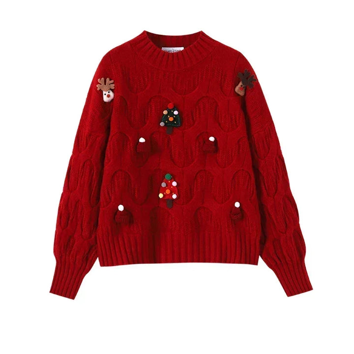 Women's Cable-Knit Balloon Sleeve Christmas Applique Sweater