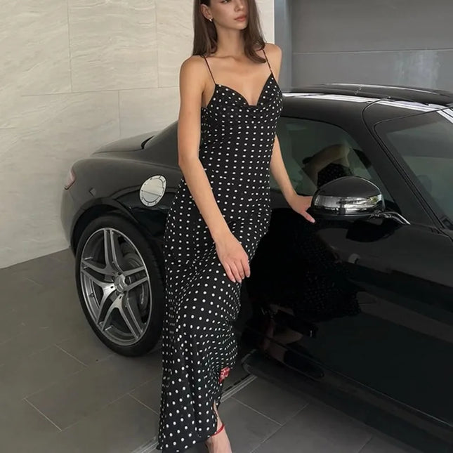 Polka Dot Plunge Halter Maxi Dress – Backless & Elegant