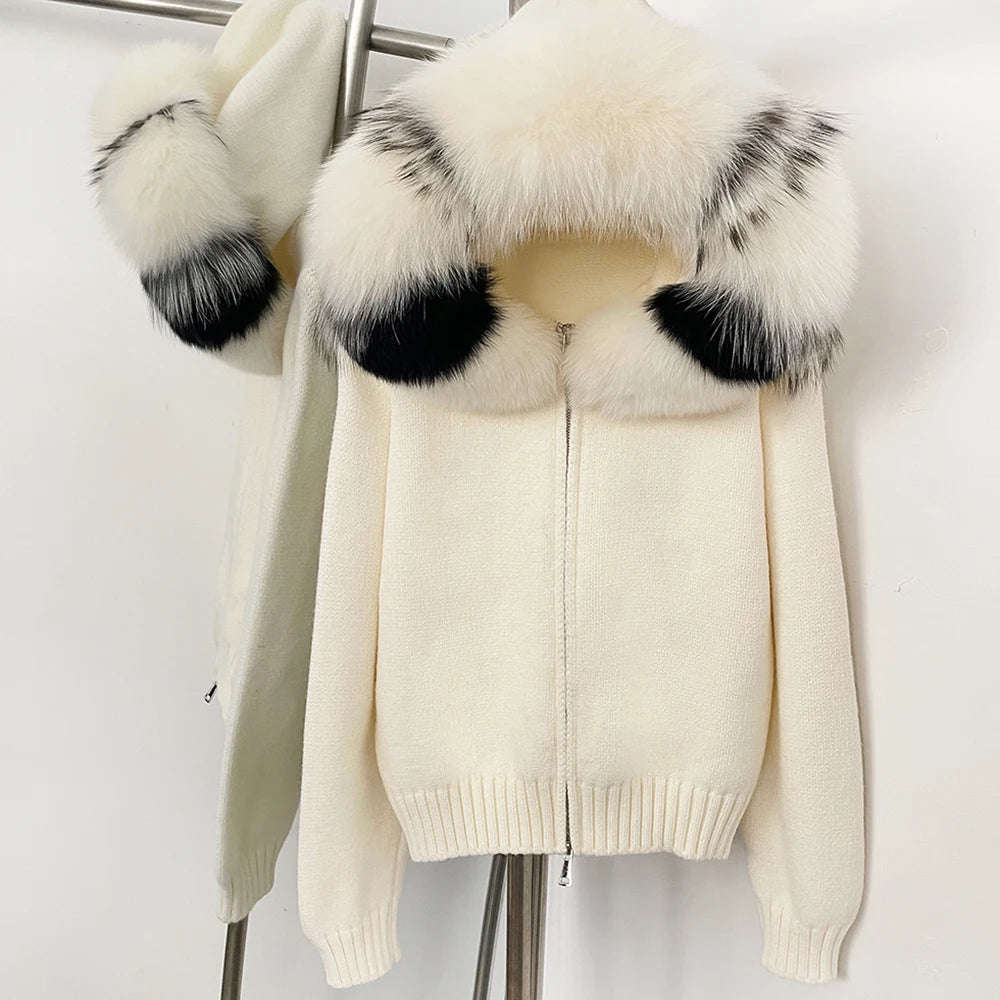 Women’s Hooded Knit Cardigan with Real Fox Fur – Casual Short Coat-HighTouch