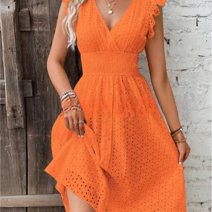 V‑Neck Hollow‑Lace Flare Sleeve Beach Midi Dress