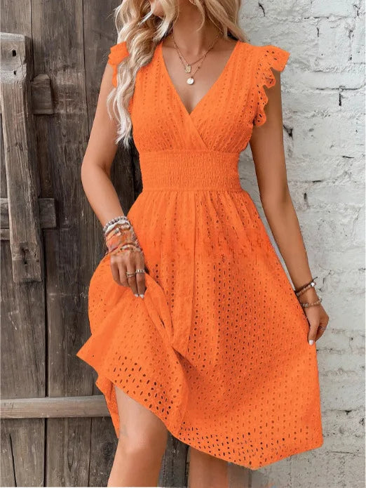 V‑Neck Hollow‑Lace Flare Sleeve Beach Midi Dress