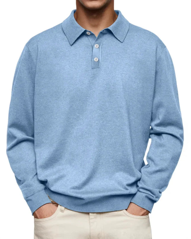 Men’s Long-Sleeve V-Collar Solid Polo Shirt – Loose Fit Casual Knitwear