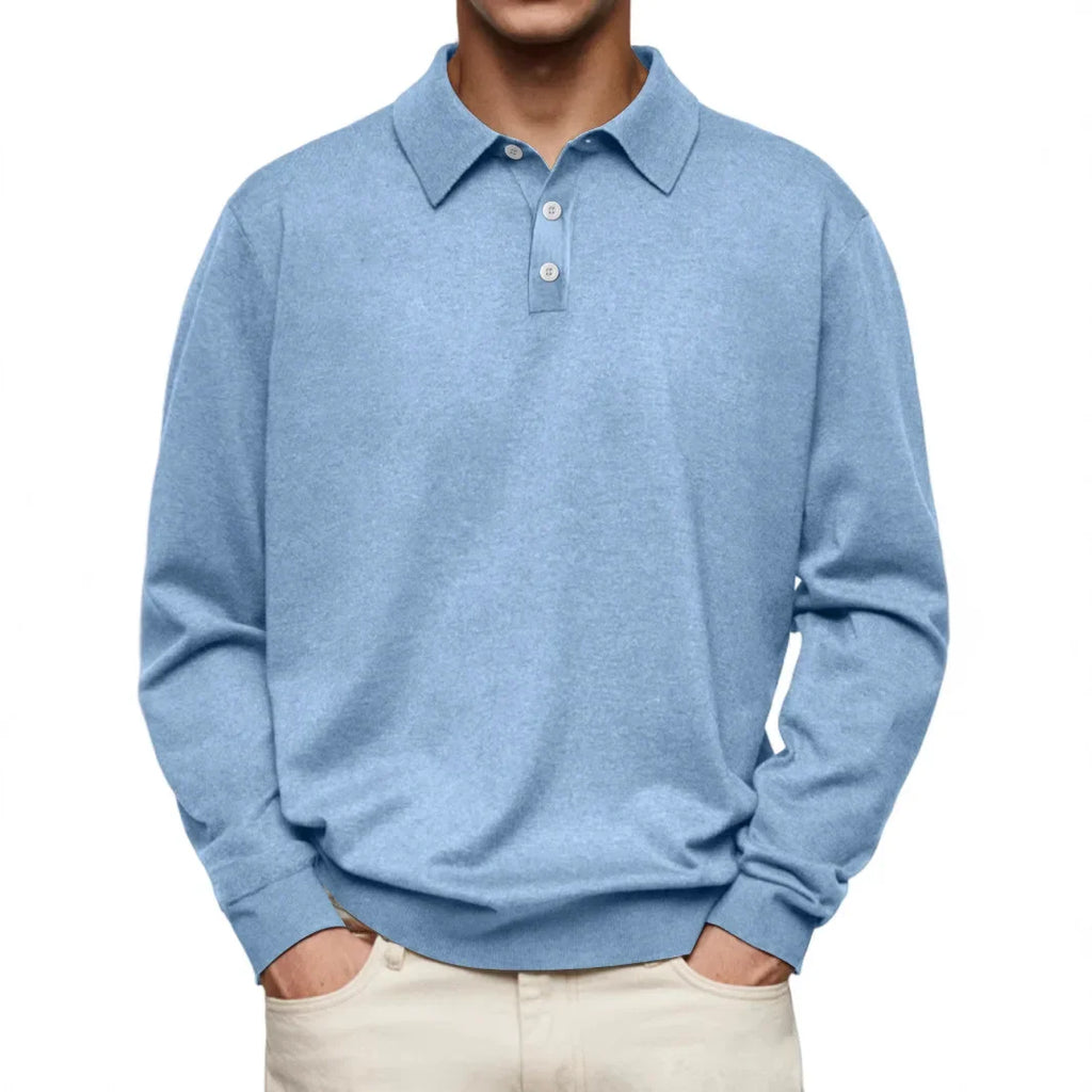 Men’s Long-Sleeve V-Collar Solid Polo Shirt – Loose Fit Casual Knitwear