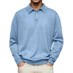 Men’s Long-Sleeve V-Collar Solid Polo Shirt – Loose Fit Casual Knitwear-HighTouch
