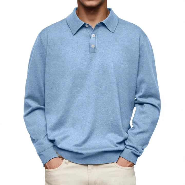 Men’s Long-Sleeve V-Collar Solid Polo Shirt – Loose Fit Casual Knitwear-HighTouch