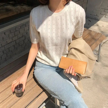 Distressed 100% Cotton Tee – Korean Knit Summer Top