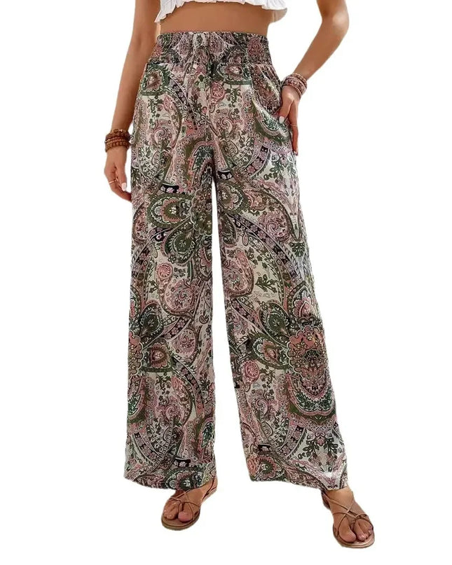 Fashionable Wide-Leg Elastic Waist Printed Pants for Women