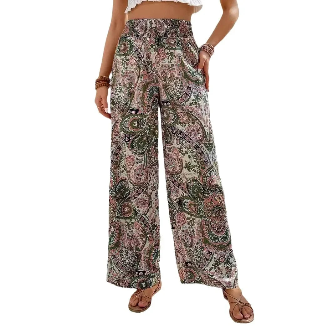 Fashionable Wide-Leg Elastic Waist Printed Pants for Women