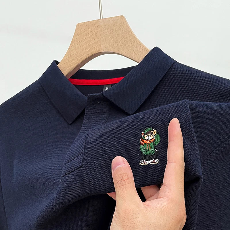 Bear-Embroidered 100% Cotton Long-Sleeve Polo – Spring/Autumn Men’s-HighTouch