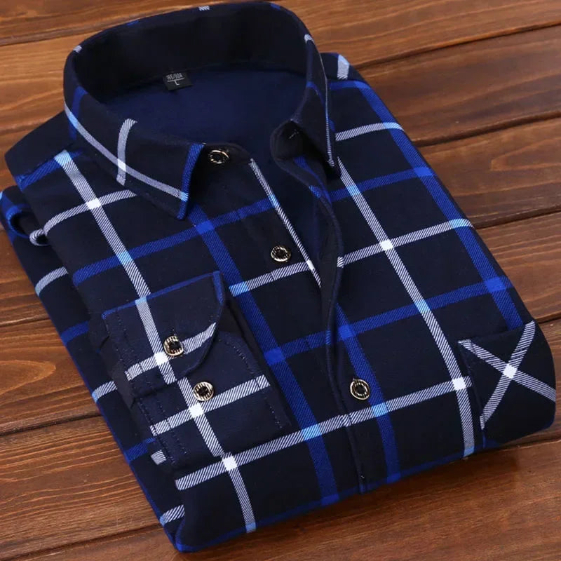 Men’s Winter Plaid Flannel Shirt – Fur Lined, Fleece‑Lined, Warm Casual Dress Shirt