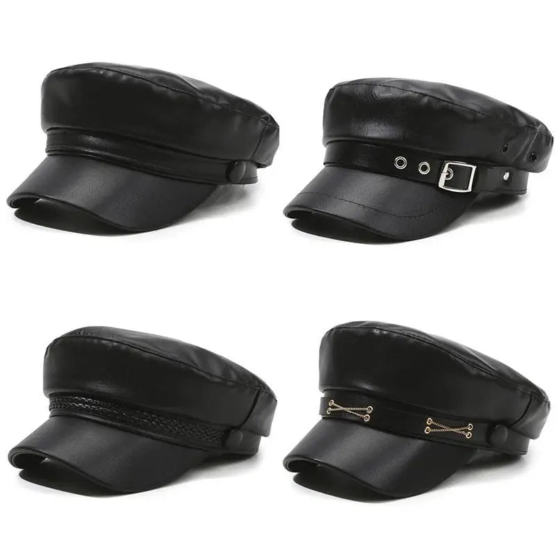 PU Leather Beret Hat All Season British Visor Baker Boy Cap