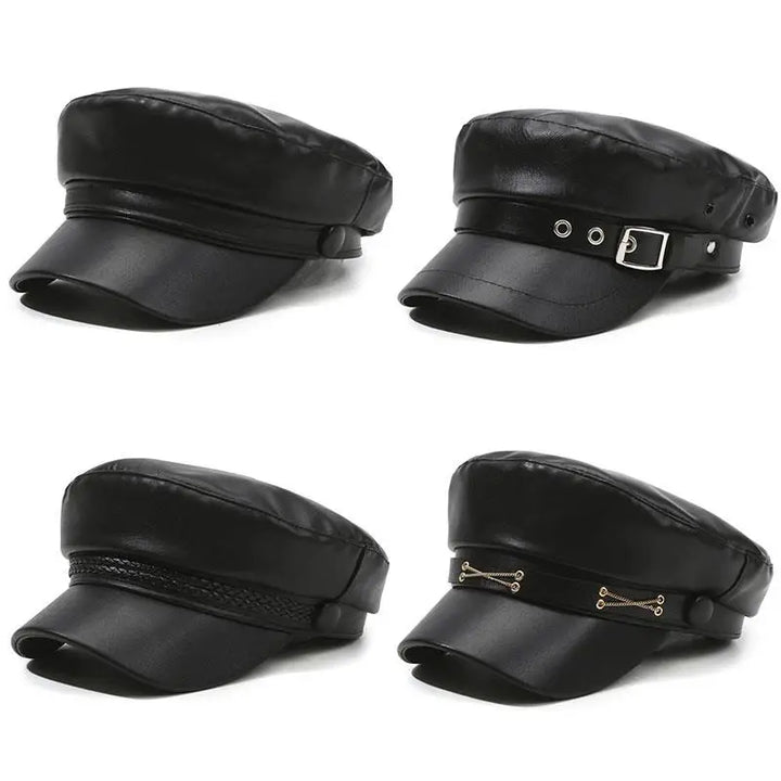 PU Leather Beret Hat All Season British Visor Baker Boy Cap
