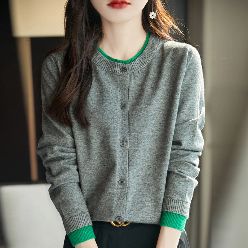 Spring Knit Patchwork Cardigan Lightweight O‑Neck Long Sleeve Sweater for Women